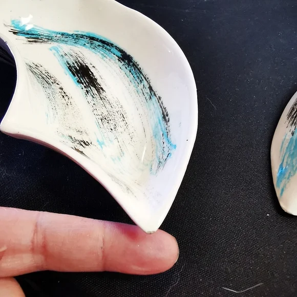 California Pottery Vintage Serving Set Blue and Black Brushstroke Plaid 6 Pieces - Picture 12 of 16